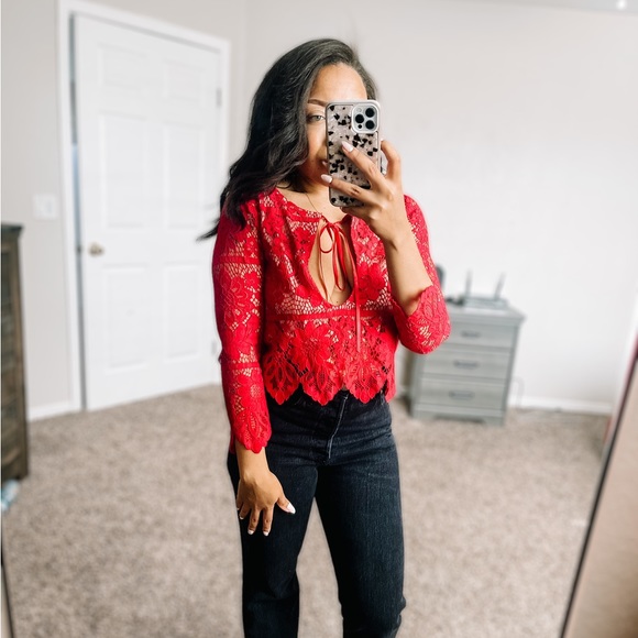 For Love and Lemons Gianna red lace top crop with attached lining Sz small - Picture 5 of 12